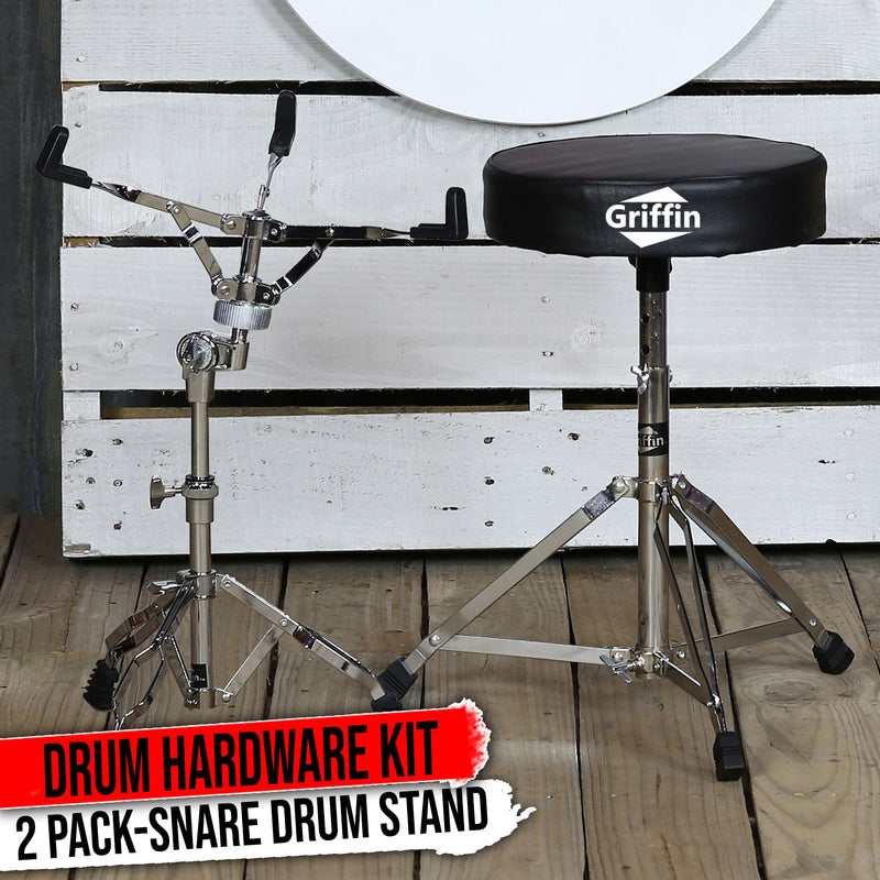 Snare Stand & Drum Throne 2-PACK Set by GRIFFIN | Percussion Chrome Hardware Kit & Double Braced Light-Weight Mount for Standard Snares, Tom-Toms & Practice Pad | Slip-Proof Gear Tilter & Clamp Holder