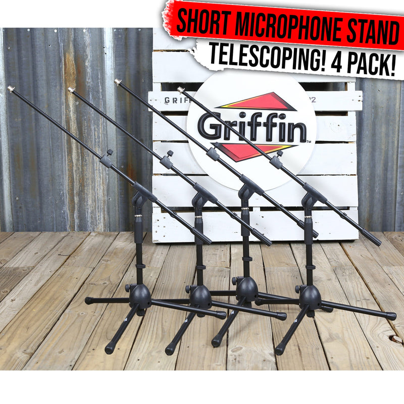 4 PACK - GRIFFIN Low Profile Microphone Stand | Short Tripod Mic Stand Mount with Boom Arm for Bass Drum, Studio Recording, Stage Monitor Speakers & Guitar Amplifiers | Small Height Telescoping Holder