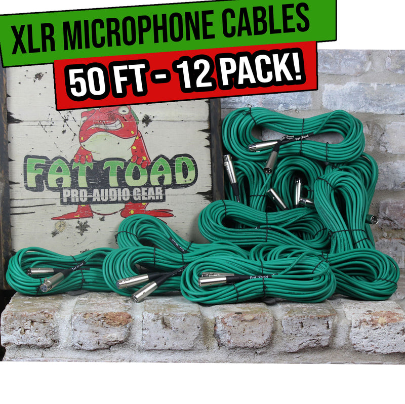 12 PACK - FAT TOAD XLR Microphone Cables | 50ft Professional Pro Audio Green Mic Cord Extension Patch with Lo-Z Connector | 24 AWG Shielded Wire & Balanced for DJ Music Recording Studio Mixer Gear