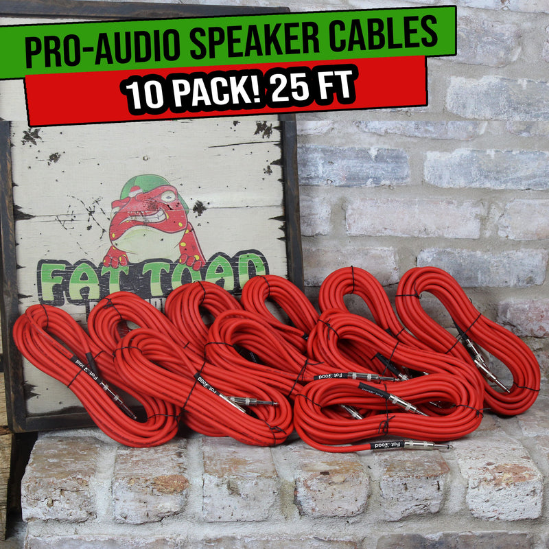 10 PACK - 25FT Speaker Cables by FAT TOAD | Quarter Inch 12 AWG Gauge Wire for Amp, Music Studio Recording & Stage Gear | 1/4" to 1/4 Male Jack Professional Pro Audio Red DJ Speakers PA Patch Cords
