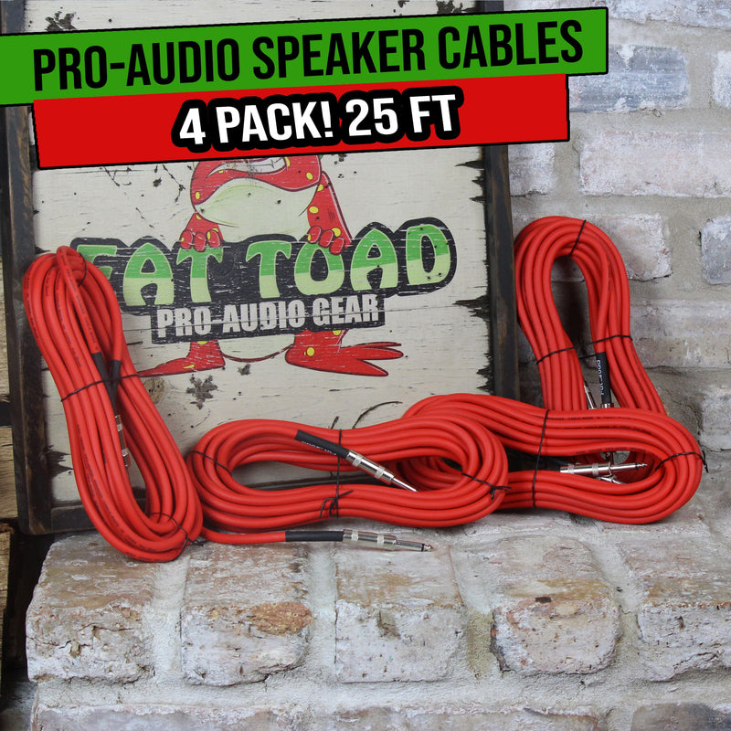 4 PACK -  DJ Speaker Cables 25FT by FAT TOAD | Quarter Inch 12 AWG Gauge Wire for Amp, Music Studio Recording & Stage Gear | 1/4" to 1/4" Male Jack Professional Pro Audio Red Speakers PA Patch Cords