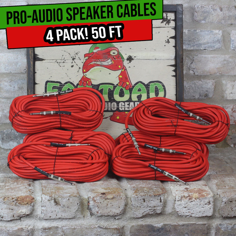FAT TOAD 4-Pack 50FT DJ PA Speaker Cables | Professional 1/4-Inch Male to Male Audio Patch Cords | 12 AWG Gauge Wire for Amps, Studio Recording & Performance Stage Gear