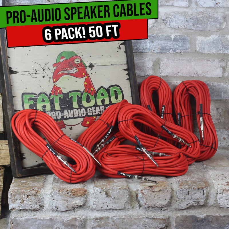 6 PACK - Speaker Cables by FAT TOAD | 50FT DJ PA Professional Pro Audio Red Patch Cords | 1/4 to 1/4 Quarter Inch Male Jack 12 AWG Gauge Wire for Amp, Music Studio Recording & Performance Stage Gear