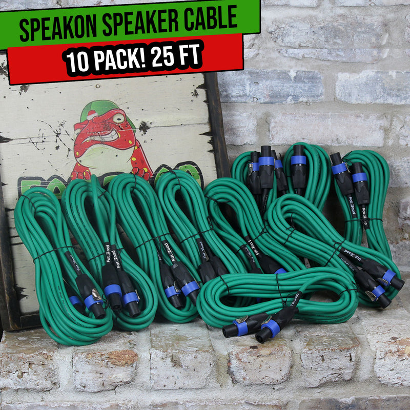 10 PACK - Speakon to Speakon Speaker Cables by FAT TOAD | 25ft Professional DJ Pro Audio Green PA Cords with Twist Lock Connector | 12 AWG Wire for Impeccable Studio Recording & Stage Performance Gear