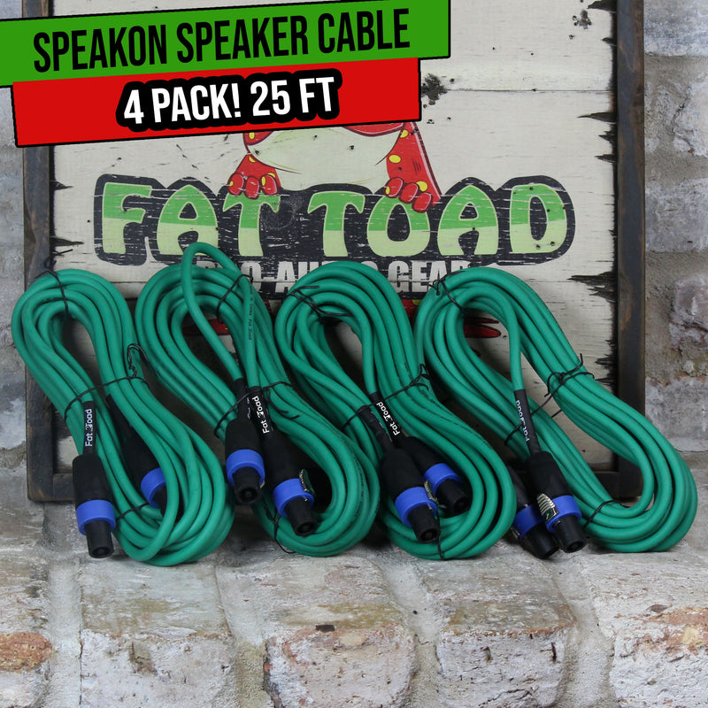 4 PACK - Speakon to Speakon Speaker Wires by FAT TOAD | 25ft Professional DJ Pro Audio Green PA Cords with Twist Lock Connector | 12 AWG Cables for Impeccable Studio Recording & Stage Performance Gear