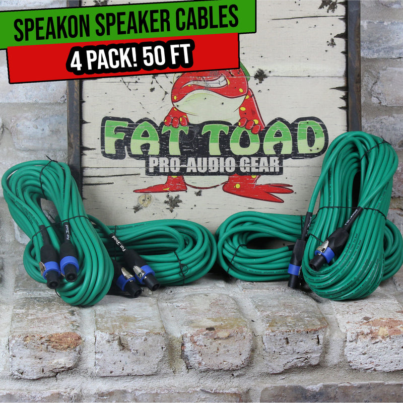 4 PACK - 50FT Speakon to Speakon Speaker Cables by FAT TOAD | Professional DJ Pro Audio Green PA Cords with Twist Lock Connector | 12 AWG Wires for Impeccable Studio Recording & Stage Gear