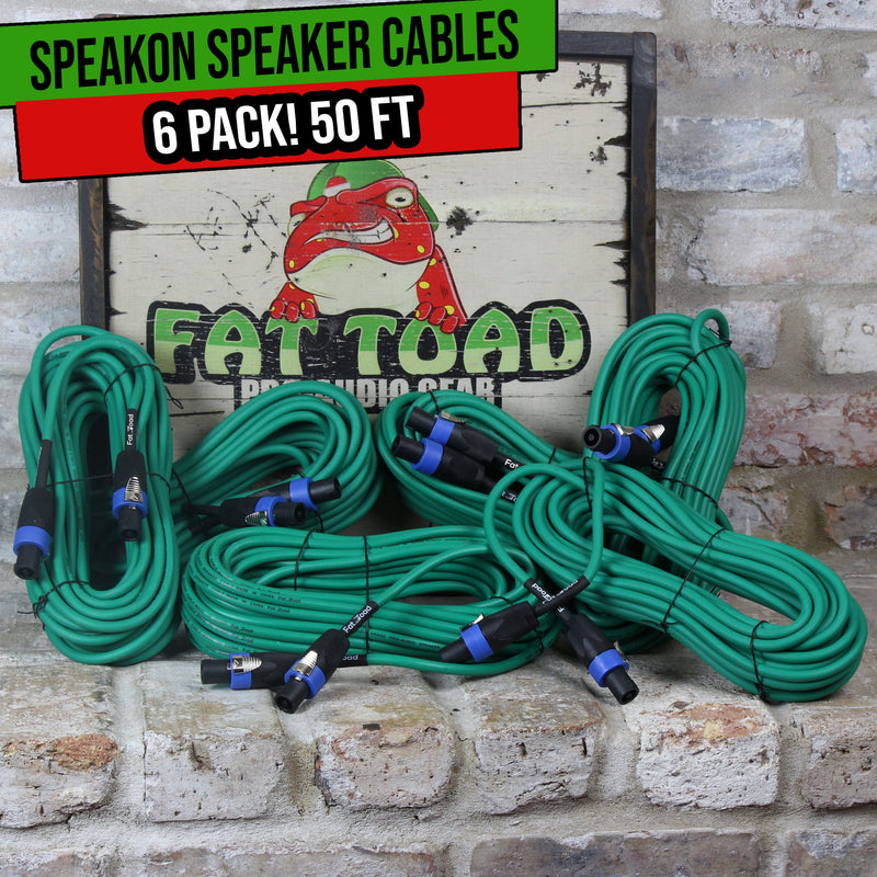 6 PACK - 50FT Speakon to Speakon Speaker Cables by FAT TOAD | Professional DJ Pro Audio Green PA Cords with Twist Lock Connector | 12 AWG Wires for Impeccable Studio Recording & Performance Stage Gear