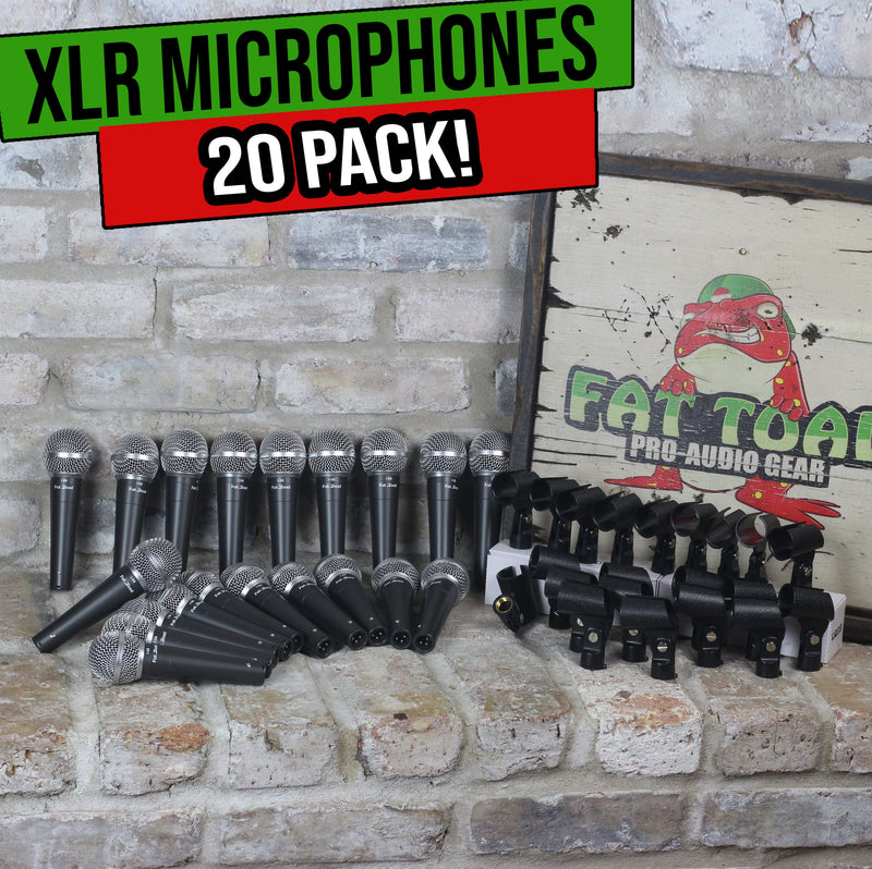 20 PACK Cardioid Dynamic Microphones & Clips by FAT TOAD | Vocal Handheld, Unidirectional Mic | Singing Mics Designed for Music Stage Performances & Professional Studio Recording or DJ Karaoke