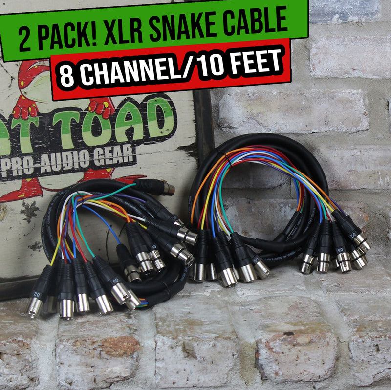 2 PACK - FAT TOAD 8 Channel XLR Snake Cable Patch 10ft | Studio Stage, Live Sound Recording Multicore Cords | Pro-Audio Shielded 3-Pin Balanced Wires for Microphone Interface DMX Hub, DJ Digital Mixer