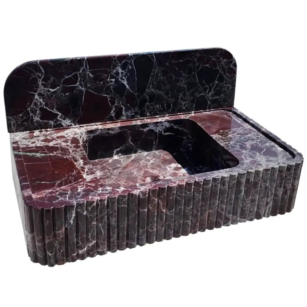 Rosso Levanto Fluted Red Marble Wall Mount Bathroom Sink With Backsplash