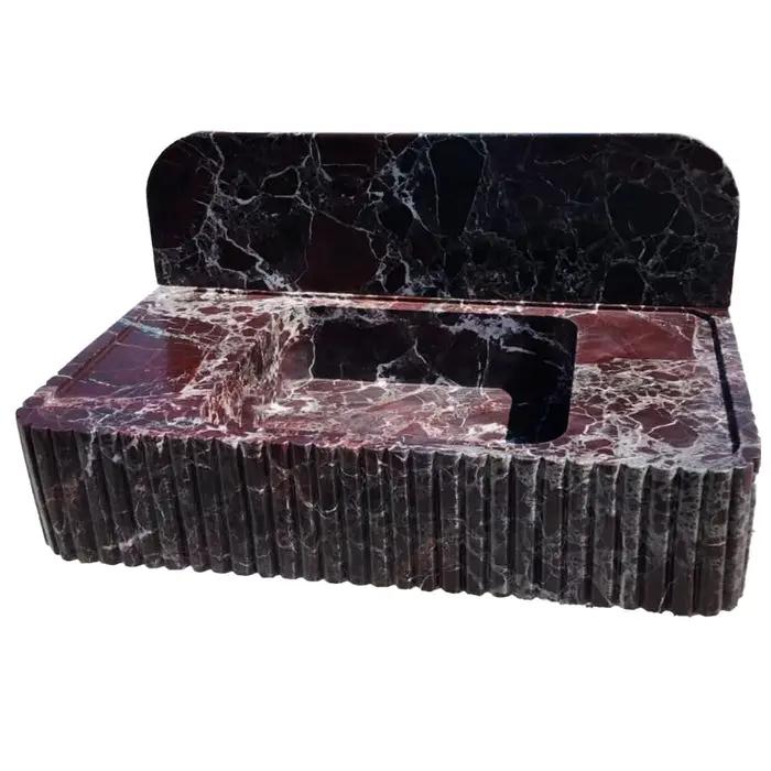 Rosso Levanto Fluted Red Marble Wall Mount Bathroom Sink With Backsplash