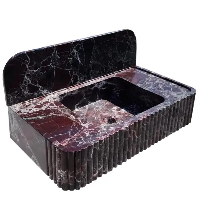 Rosso Levanto Fluted Red Marble Wall Mount Bathroom Sink With Backsplash