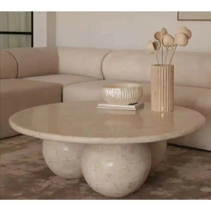 Light Travertine Designer Round Coffee Table with Sphere Legs