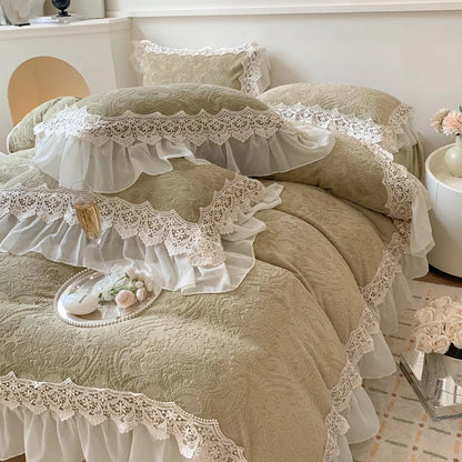 DecorBites™ French Lace Ruffles Velvet Bedding Set, Furry Duvet, Sheet, Pillowcases