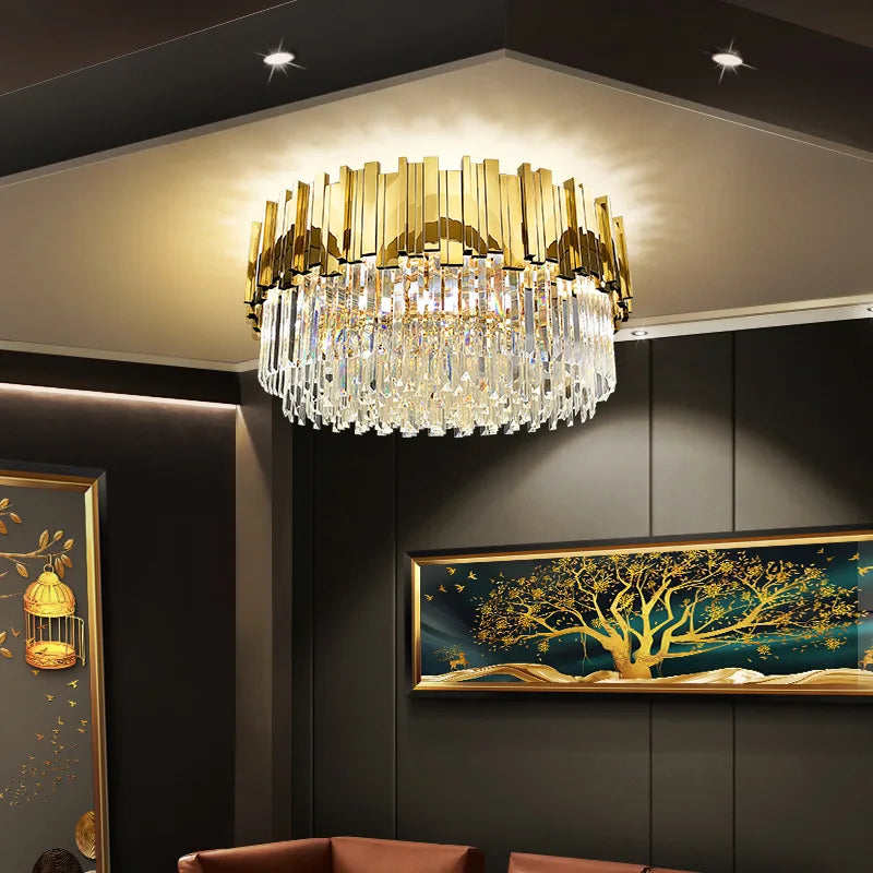 DecorBites™ Gold Crystal Round LED Ceiling Light Fixture for Modern Living Room