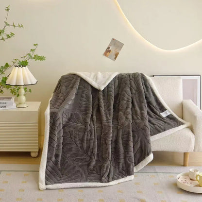 DecorBites™ Banana Leaf Jacquard Faux Rabbit Fur Double Layer Lamb Bedspread