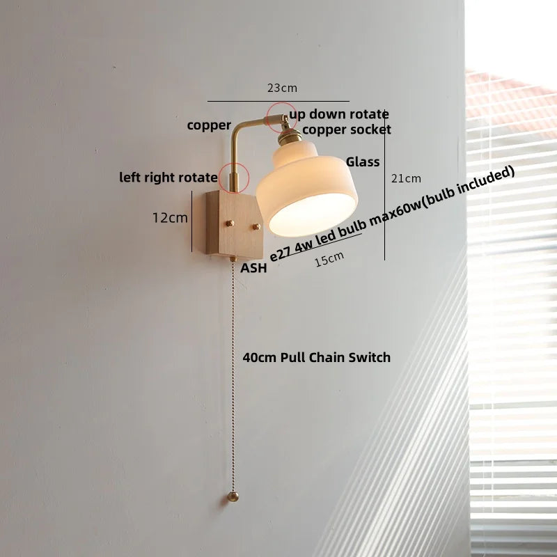 DecorBites™ Brass Walnut Wood LED Wall Sconce with Pull Chain Switch & Flower Glass