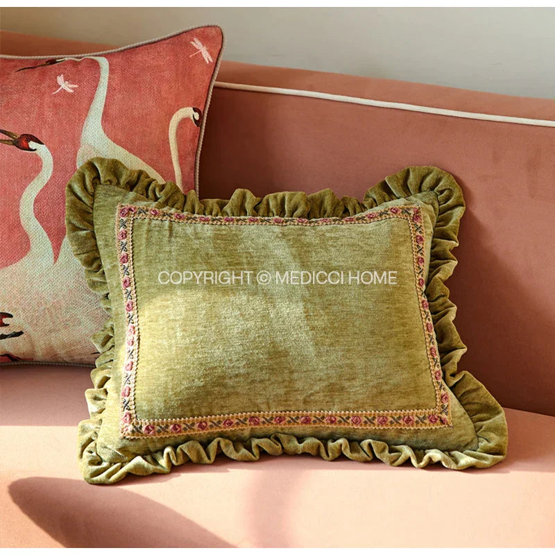 ™ Luxe Chenille Ruffled Green Lumbar Pillow Cover 35x45