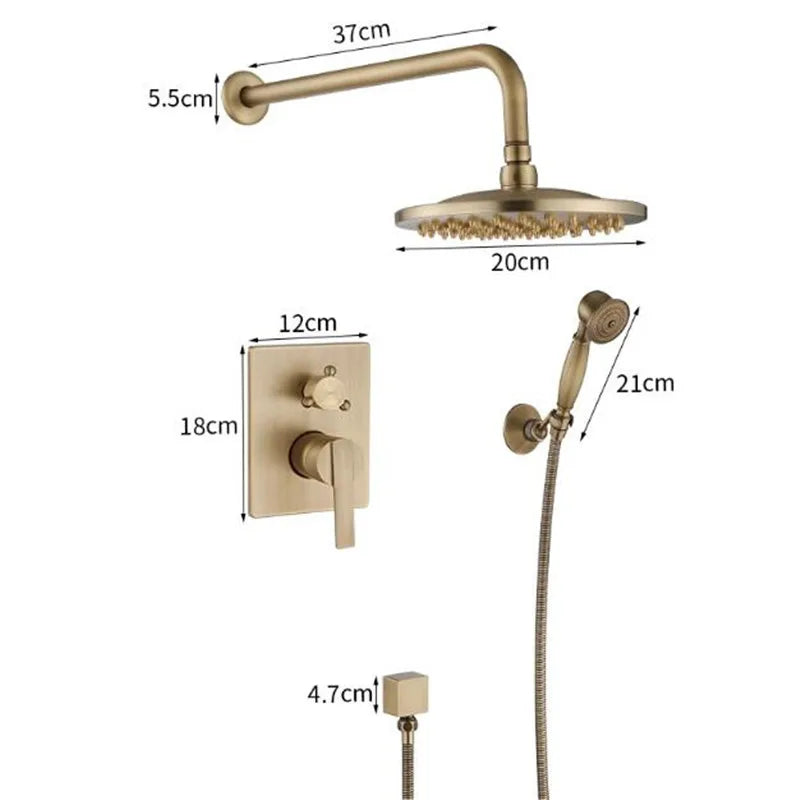 DecorBites™ Antique Brass Shower Faucet Set with 10 Inch Round Head - Bathroom Wall Kit