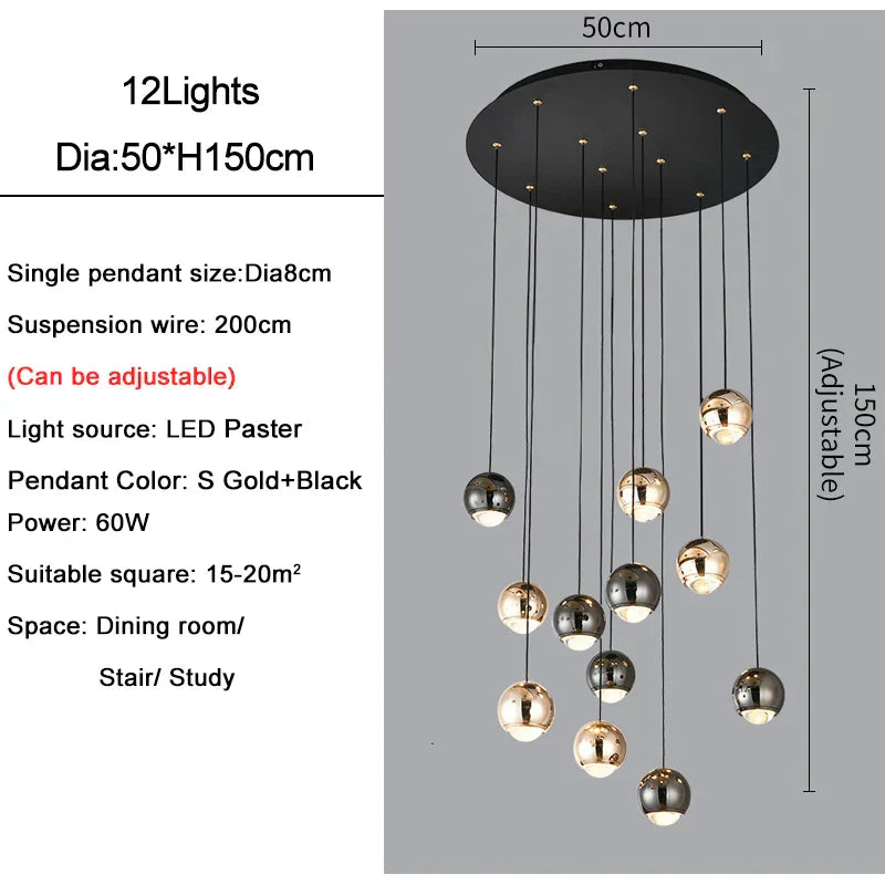 DecorBites™ Crystal Ball Pendant Light for Modern Living Room, Black & Gold Luxury Fixture
