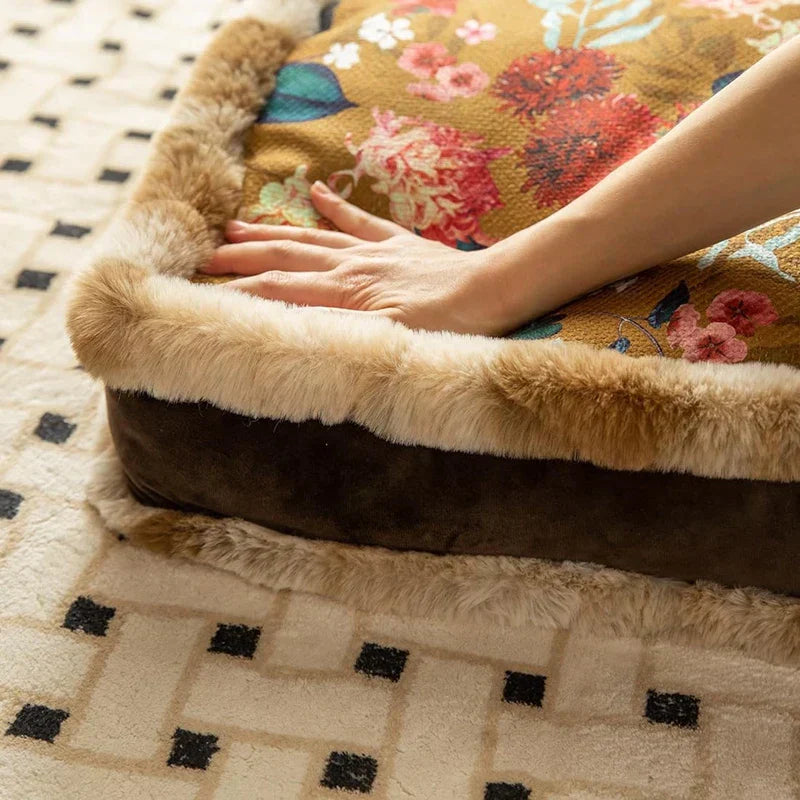 DecorBites™ Boho Floral Square Chair Cushions with Faux Fur Trim - Soft & Thick Seat Pad