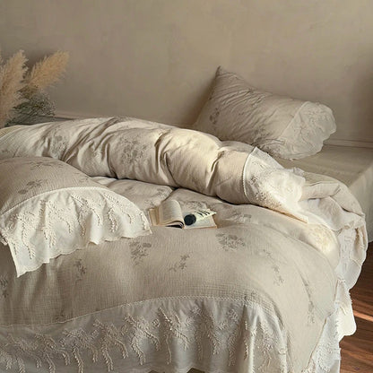 DecorBites™ French Lace Flowers Bedding Set, 100% Cotton Double Layer, Soft Duvet Cover, Bed Sheet, Pillowcases