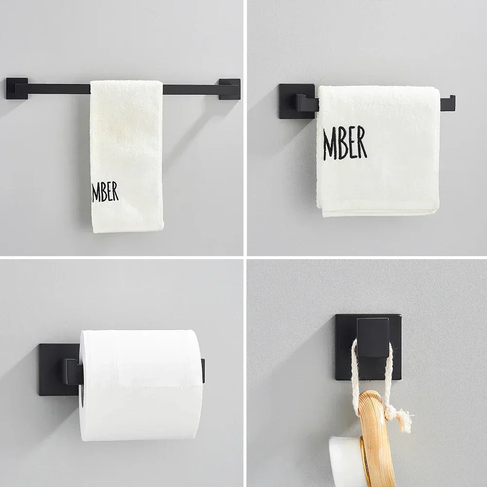 DecorBites™ Black Stainless Steel Bathroom Accessories Set: Towel Bar, Paper Holder, Hook & Bath Rack