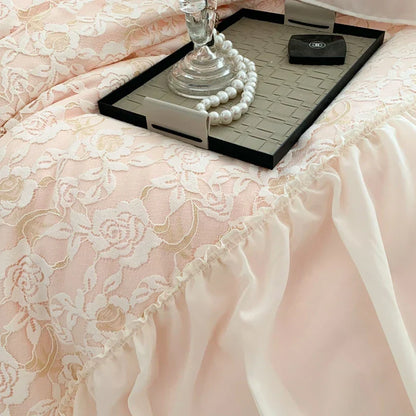 DecorBites™ Pink French Princess Bedding Set, Queen Size, Soft & Cozy with Lace Ruffles