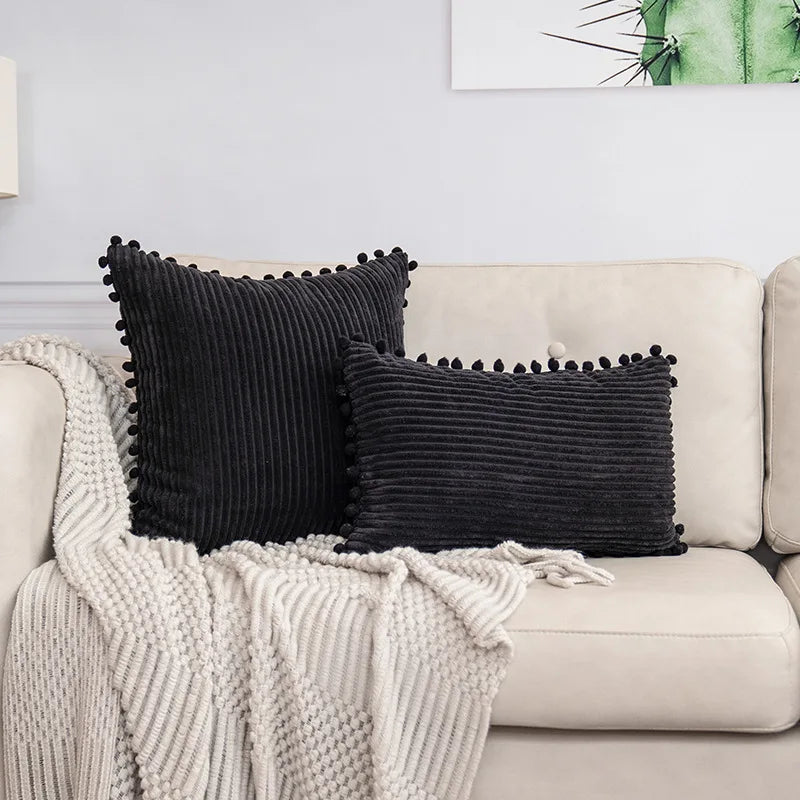 DecorBites™ Beige Striped Cushion Cover with Pom Pom Detail Lumbar Throw Pillow Case