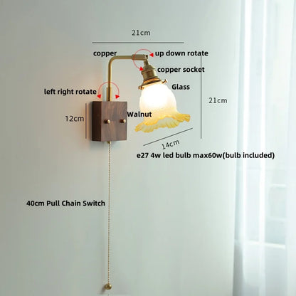 DecorBites™ Glass Pink LED Wall Sconce, Pull Chain Switch, Walnut Wood Bedside Lamp
