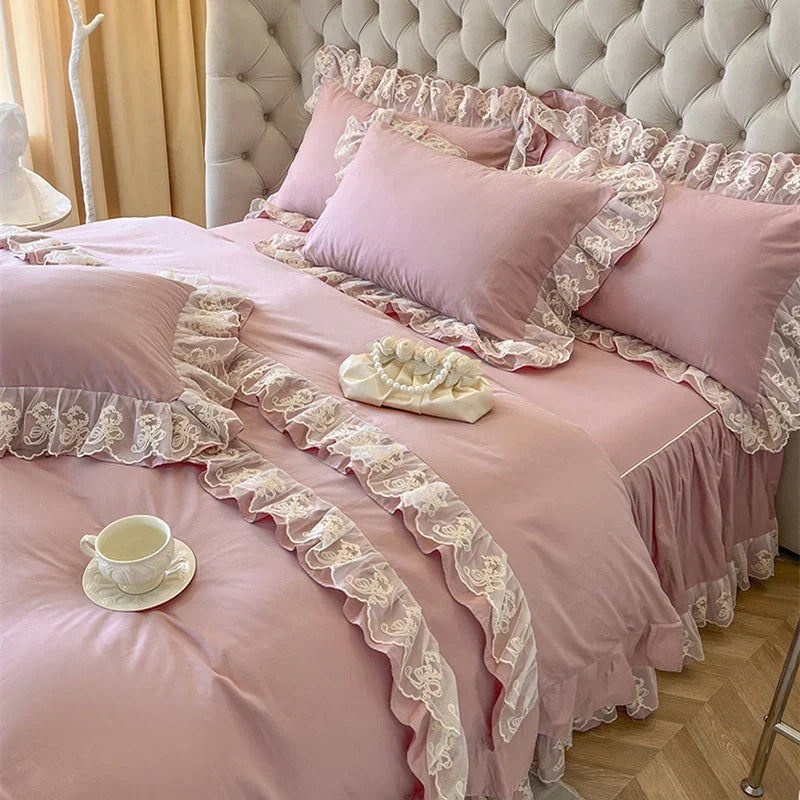 DecorBites™ Korean Princess Lace Ruffles Bedding Set in Bean Paste Pink