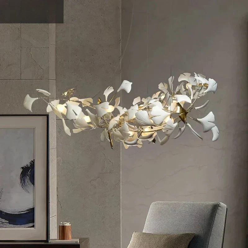 ™ Leaf Branch Ceramic Chandelier | Modern Golden Lighting Fixture for Living Room