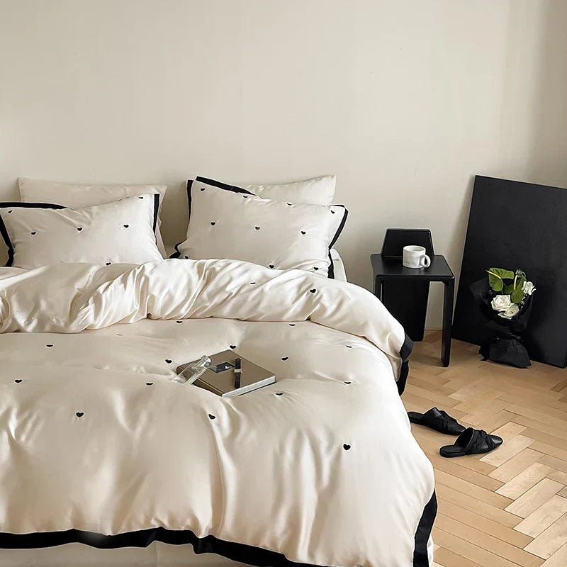 DecorBites™ Luxe Heart Embroidered Bedding Set: 100% Lyocell Duvet Cover Set with Sheets