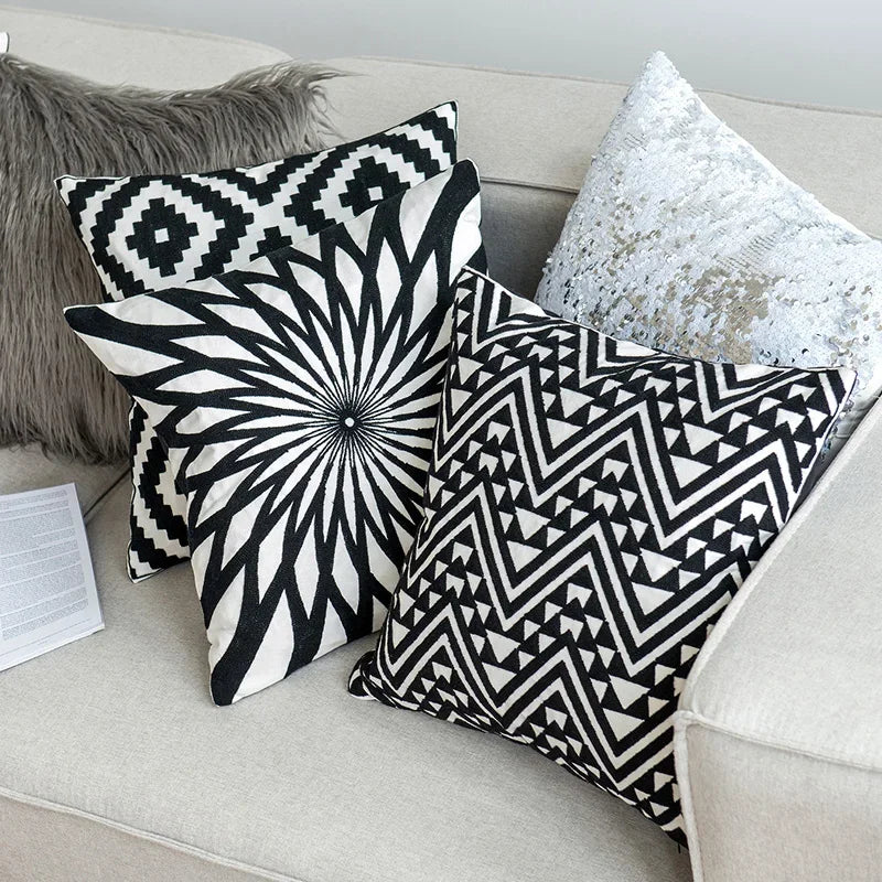 DecorBites™ Black White Embroidered Cushion Cover 45x45cm Sofa Bed Chair Home Decor