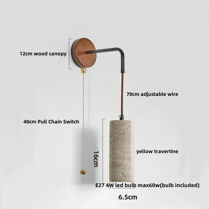 DecorBites™ LED Wall Lamp Pull Chain Switch Wood Nordic Modern Yellow Travertine Mirror Light