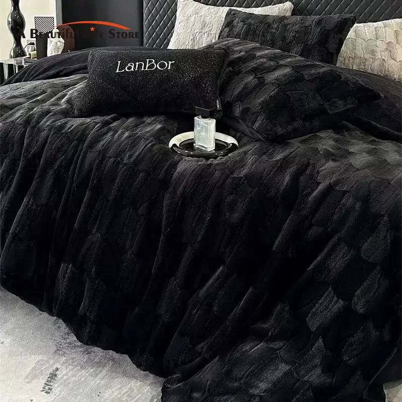 DecorBites™ Cozy Faux Rabbit Fur Bedding Set in Black & Grey: Duvet, Sheets, Pillowcases