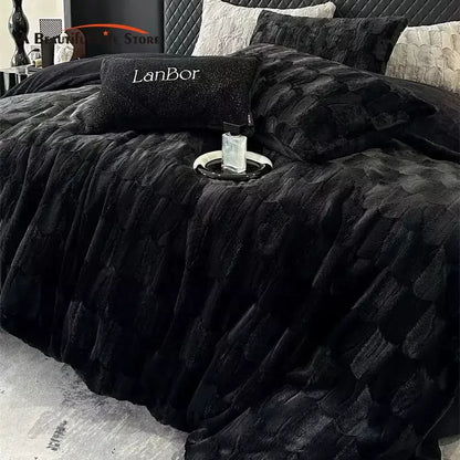 DecorBites™ Cozy Faux Rabbit Fur Bedding Set in Black & Grey: Duvet, Sheets, Pillowcases