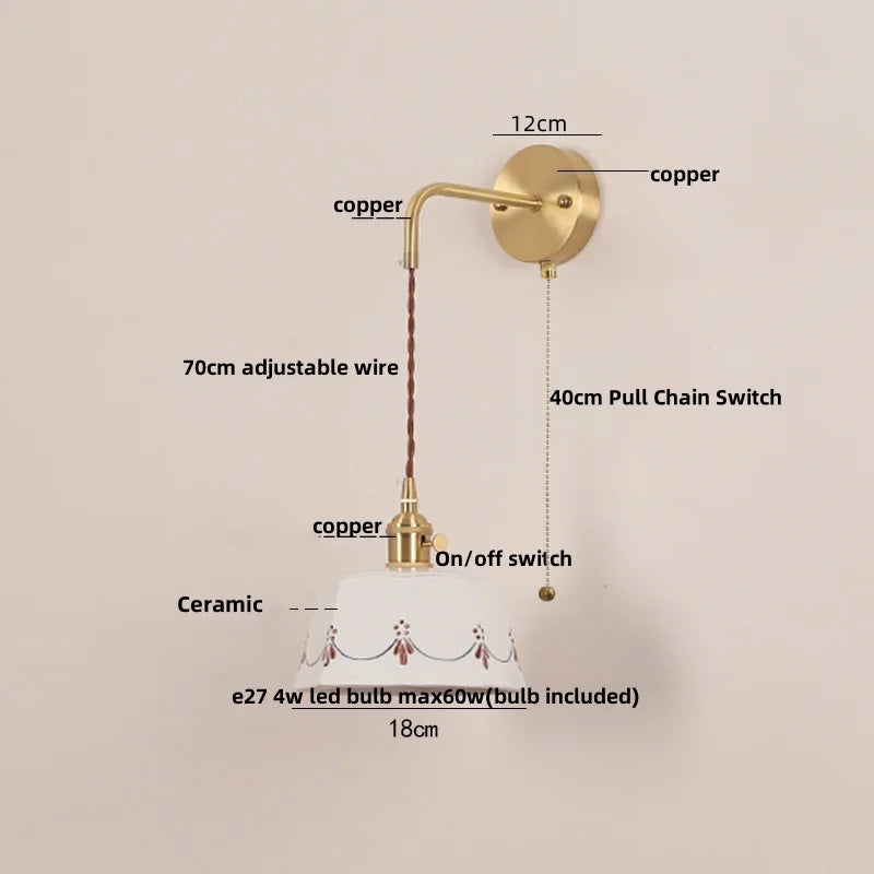 DecorBites™ Ceramic LED Wall Lamps Pull Chain Switch Rotate Copper Vanity Light