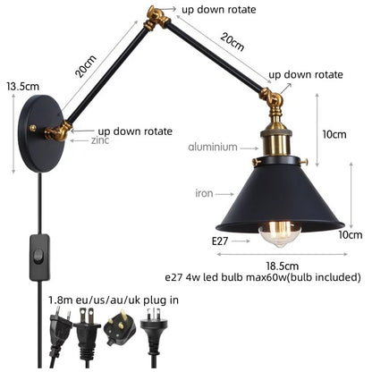 DecorBites™ Gold Long Arm LED Wall Sconce with Pull Chain Switch