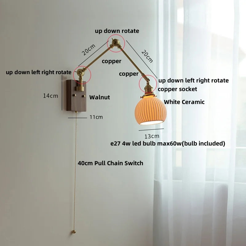 DecorBites™ Ceramic Ball Brass Walnut Wood Wall Light with Pull Chain Switch