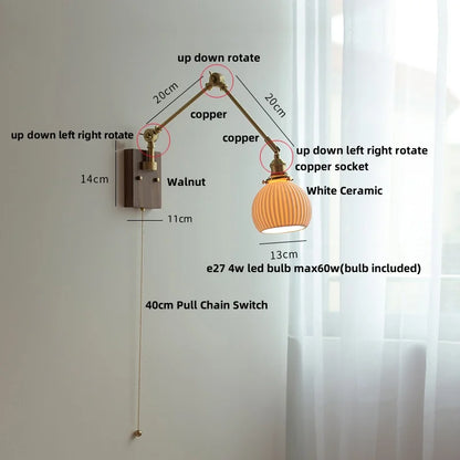 DecorBites™ Ceramic Ball Brass Walnut Wood Wall Light with Pull Chain Switch