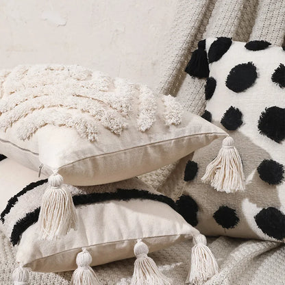 DecorBites™ Boho Tufted Beige White Tassel Pillow Cover Home Decor Square Beaded Case