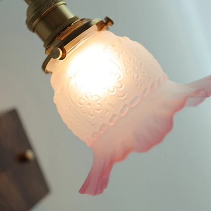 DecorBites™ Glass Pink LED Wall Sconce, Pull Chain Switch, Walnut Wood Bedside Lamp