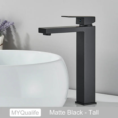 DecorBites™ Black Brass Square Basin Faucet: Bathroom Washbasin Mixer Tap, Single Handle Tall Model.