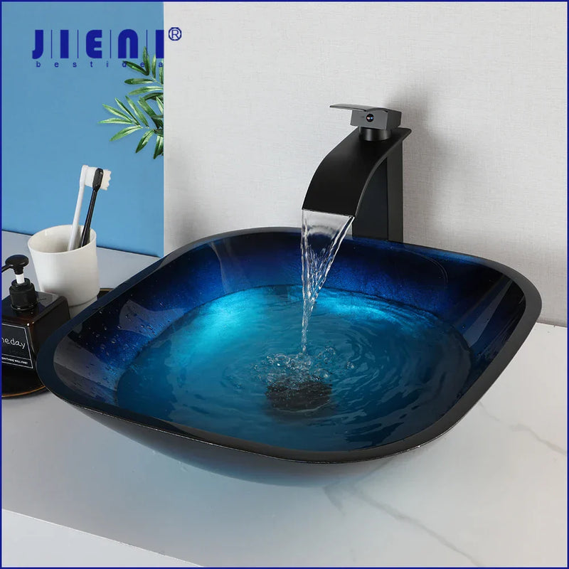™ Gradient Blue Glass Basin Faucet Set with Waterfall Mixer Taps