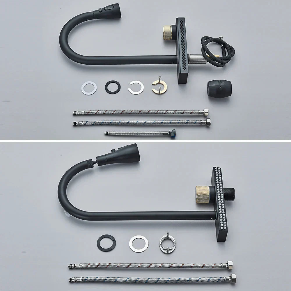 DecorBites™ Black Rainwater Kitchen Faucet Flexible Pull Out 3 Way Nozzle Mixer Tap