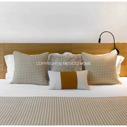 DecorBites™ Beige Gold Houndstooth Jacquard Lumbar Pillowcase for Modern Interiors