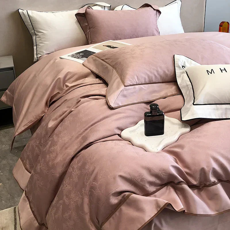 DecorBites™ Jacquard Satin & Egyptian Cotton Patchwork Bedding Set - 4pcs
