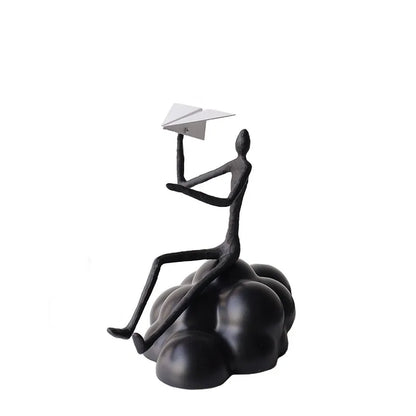 "DecorBites™ Resin Paper Airplane Cloud Figure for Home Decor - Black Cartoon Abstract Figurine"