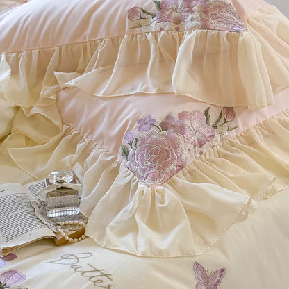 DecorBites™ Flowers Lace Ruffles Wedding Bedding Set 1000TC Egyptian Cotton Duvet Cover Set
